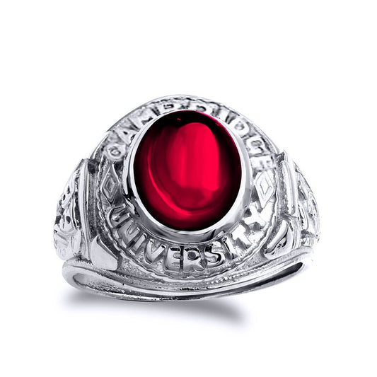 Mens Silver Ruby-Red Oval CZ Cambridge University College Ring - GVR285