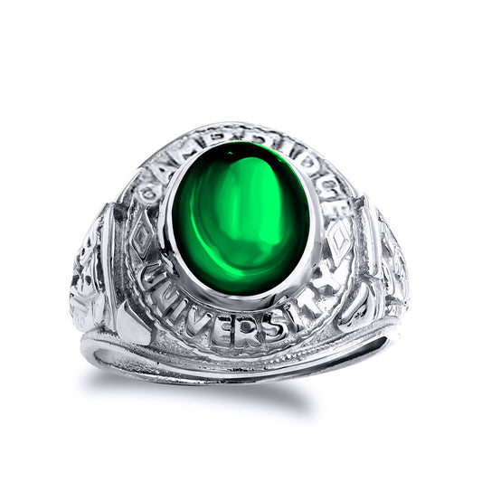 Mens Silver Emerald-Green CZ Cambridge University College Ring - GVR285EM