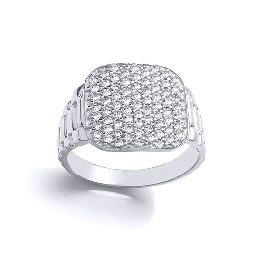 Kids Silver CZ Watch Strap Encrusted Cushion Signet Ring - GVR29K