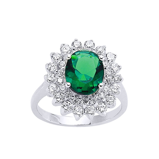Silver Green Oval CZ Royal Cluster Solitaire Engagement Ring - GVR302-GRN