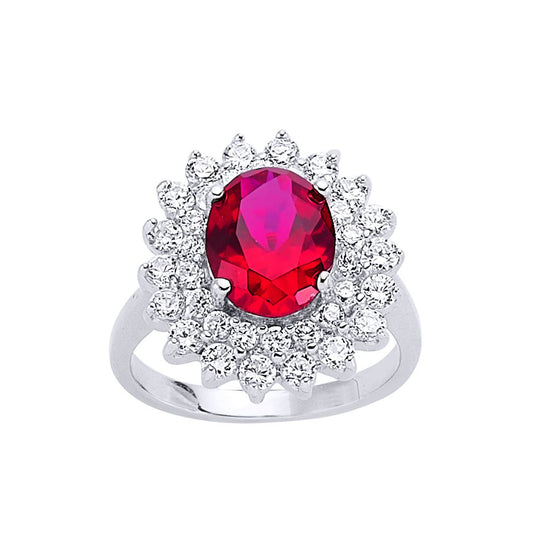Silver Red Oval CZ Royal Cluster Solitaire Engagement Ring - GVR302-RUB