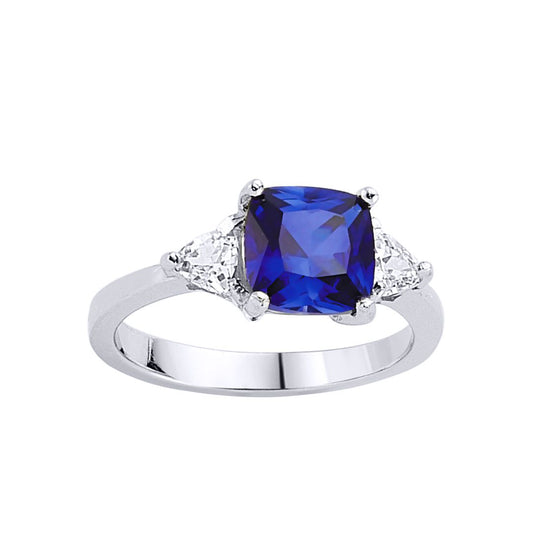 Silver Blue Triangle Cushion CZ Shoulder-Set Solitaire Ring - GVR319-SAP