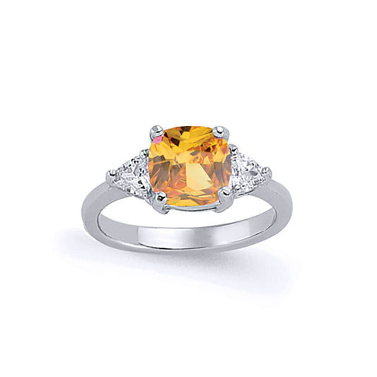 Silver Golden Yellow Cushion & Triangle CZ Solitaire Dress Ring - GVR319CY