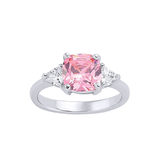 Silver Pink Cushion and Triangle CZ Shoulder-Set Solitaire Ring - GVR319