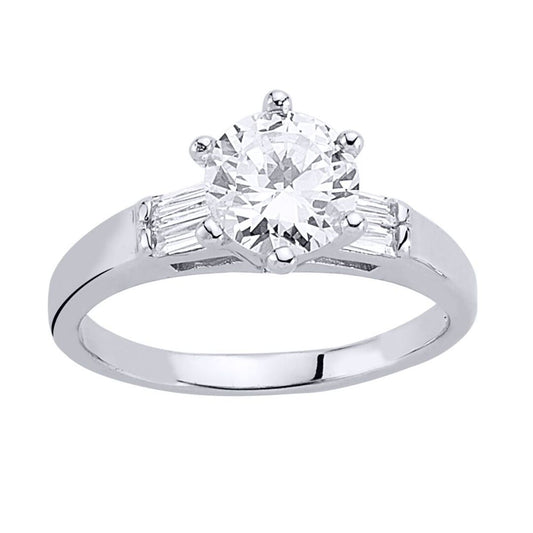Silver Baguette CZ Shoulder-Set 6 Claw Solitaire Engagement Ring - GVR345