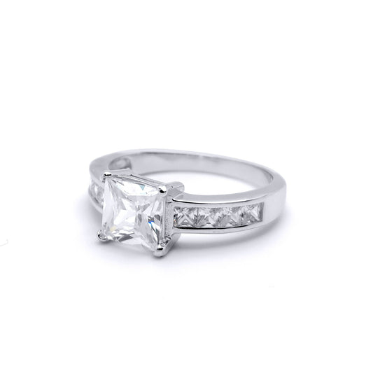 Silver Square CZ Shoulder-Set 4 Claw Solitaire Engagement Ring - GVR346