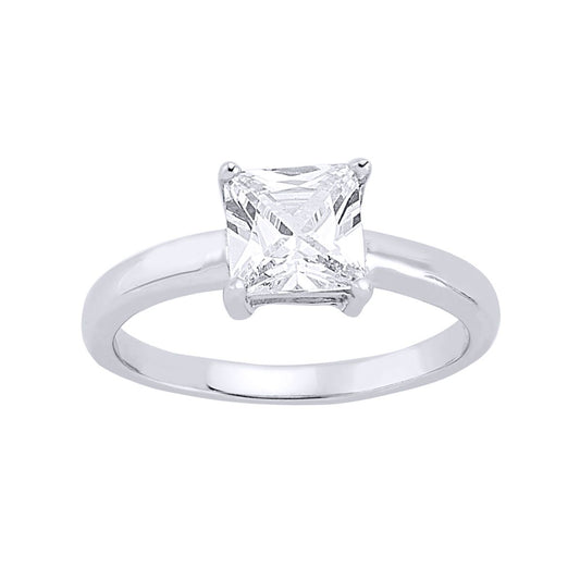 Silver Square CZ 4 Claw Solitaire Engagement Ring - GVR349