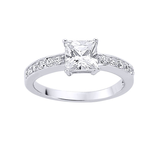 Silver Square CZ Shoulder-Set Halo Solitaire Engagement Ring - GVR355