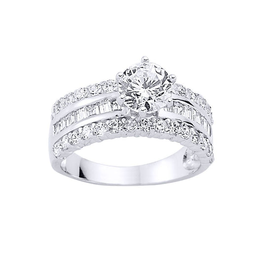Silver Baguette CZ Shoulder-Set 6 Claw Solitaire Engagement Ring - GVR377