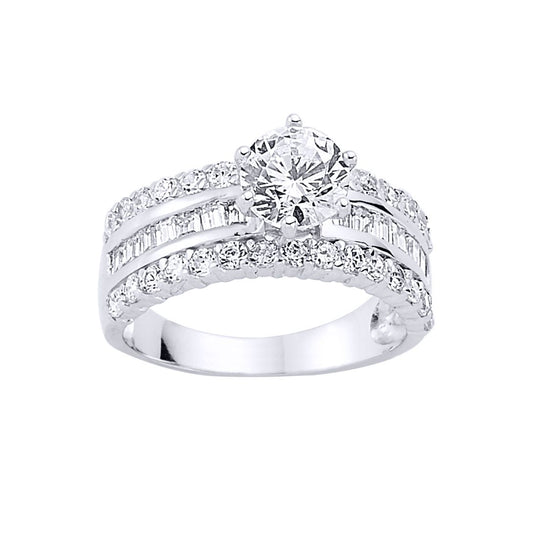 Silver Baguette CZ Shoulder-Set 6 Claw Solitaire Engagement Ring - GVR377