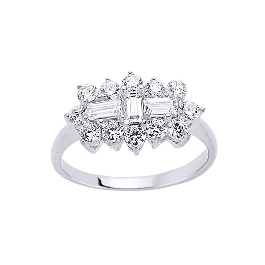 Silver Baguette CZ Trilogy Boat Cluster Engagement Ring - GVR453