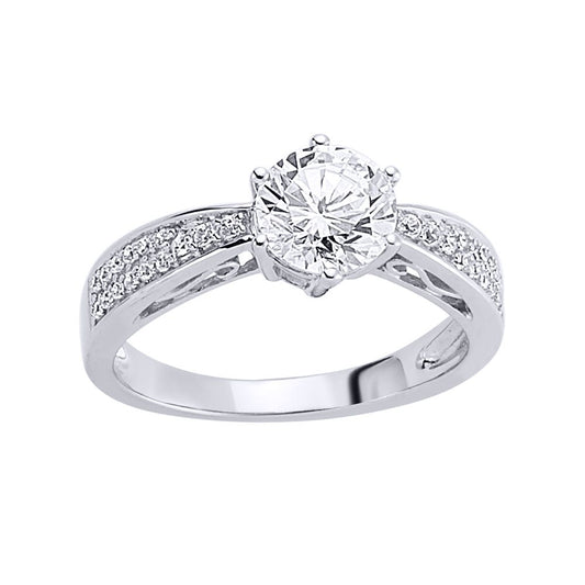 Silver CZ Shoulder-Set 6 Claw Solitaire Engagement Ring - GVR461