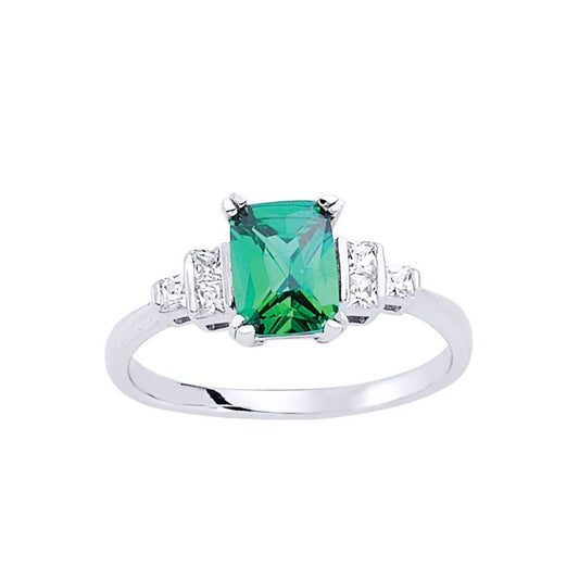Silver Green Emerald and Princess CZ Solitaire Engagement Ring - GVR476