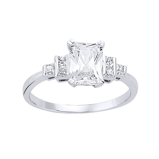 Silver Emerald and Princess Cut CZ Solitaire Engagement Ring - GVR477