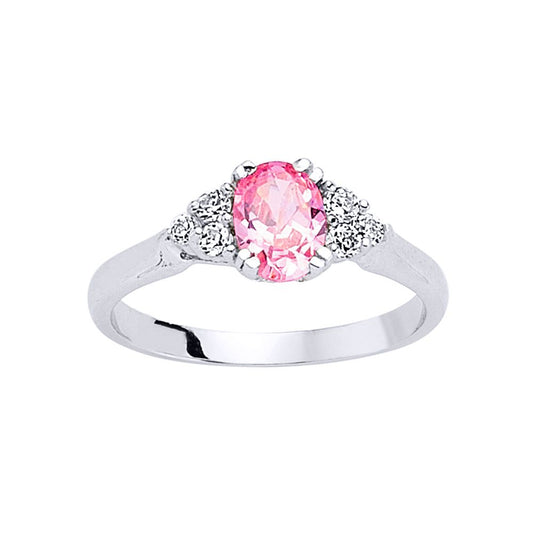 Silver Pink Oval CZ Solitaire Engagement Ring - GVR502