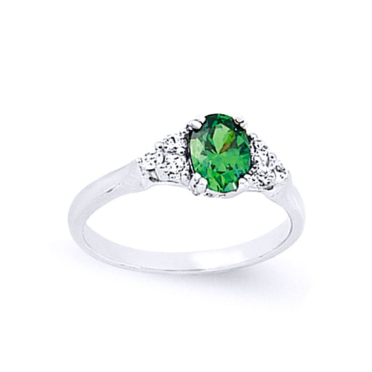 Silver Green Oval CZ Cluster Engagement Ring - GVR503