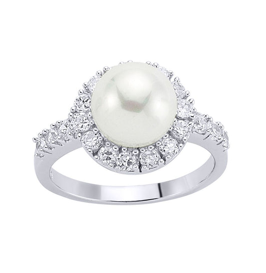 Silver CZ Pearl Halo Full Moon Dress Ring 10mm - GVR534
