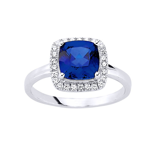 Silver Blue Square CZ Halo Cluster Solitaire Engagement Ring - GVR548