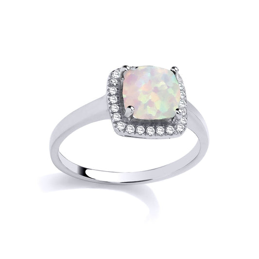 Silver Opal Cushion CZ Halo Cluster Solitaire Engagement Ring - GVR548OP