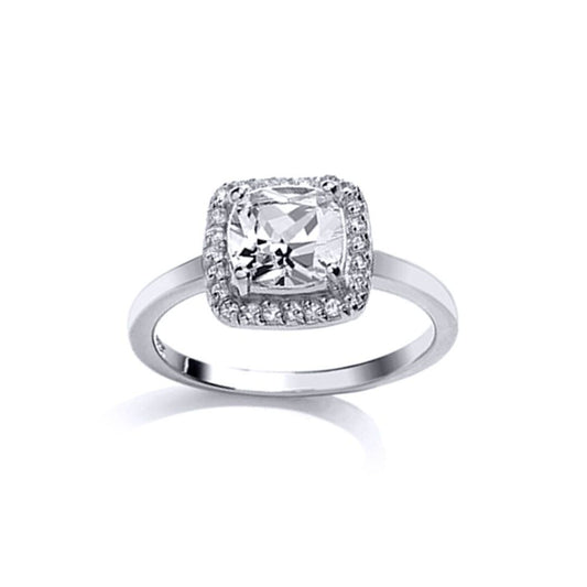 Silver Cushion CZ Halo Cluster Solitaire Engagement Ring - GVR548WHT