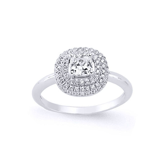 Silver Cushion CZ Double Halo Solitaire Engagement Ring - GVR572