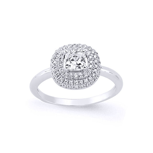 Silver Cushion CZ Double Halo Solitaire Engagement Ring - GVR572