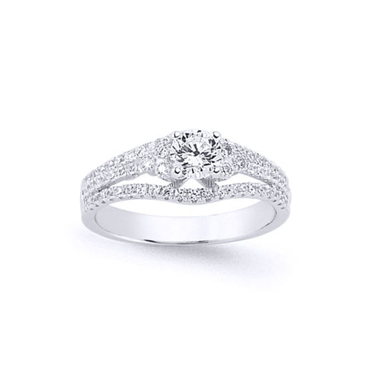 Silver CZ Split Shoulder-Set Solitaire Engagement Ring - GVR573
