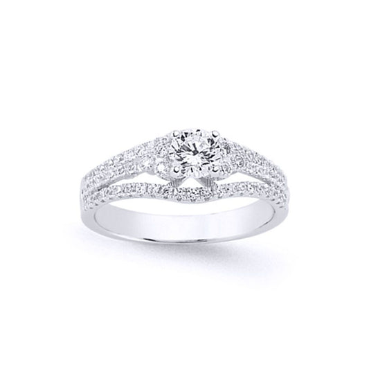Silver CZ Split Shoulder-Set Solitaire Engagement Ring - GVR573