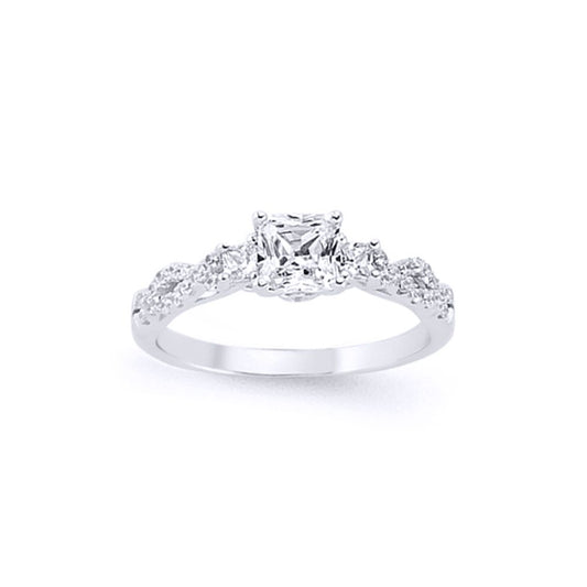 Silver Princess Cut CZ Shoulder-Set 4 Claw Solitaire Ring - GVR578