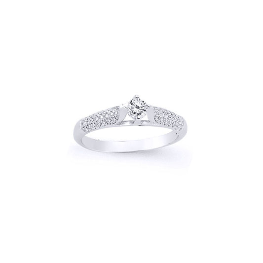Silver CZ Shoulder-Set 4 Claw Solitaire Engagement Ring - GVR584