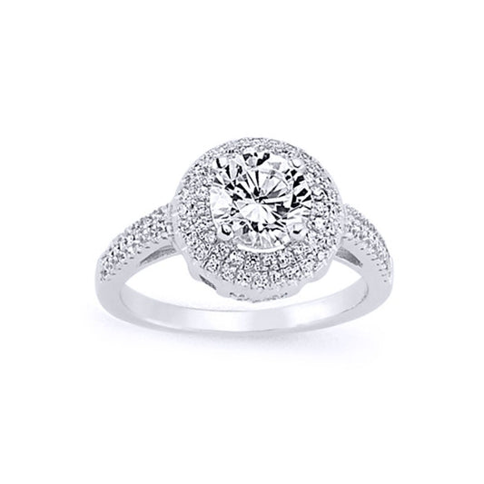 Silver CZ Shoulder-Set Halo Solitaire Engagement Ring - GVR587
