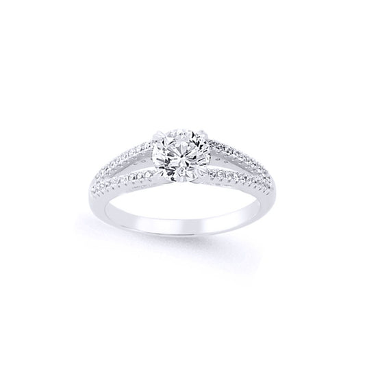 Silver CZ Split Shoulder-Set Solitaire Engagement Ring - GVR589