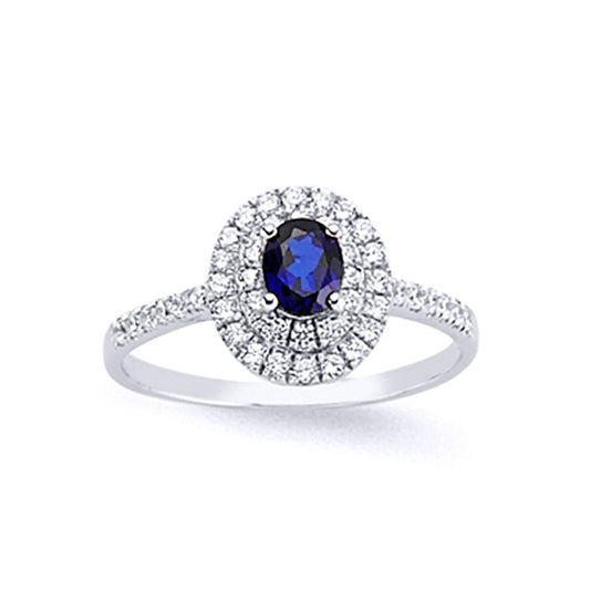Silver Blue Oval CZ Halo Engagement Ring - GVR603