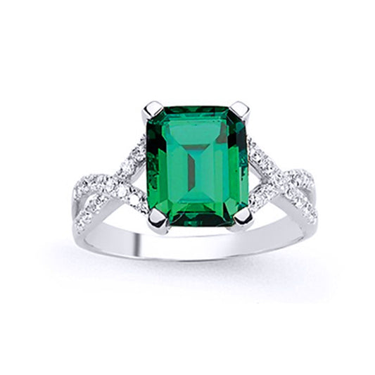 Silver Green Emerald Cut CZ Criss Cross Engagement Ring - GVR605