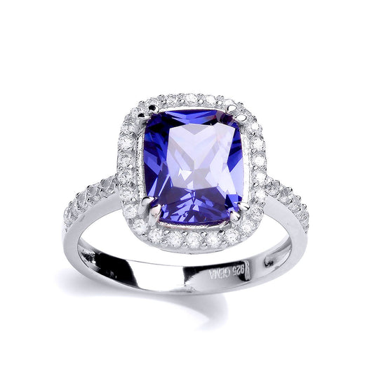 Silver Purple Emerald CZ Halo Solitaire Engagement Ring - GVR613