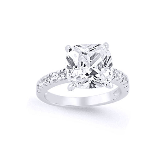 Silver Cushion CZ Shoulder-Set 4 Claw Solitaire Engagement Ring - GVR630