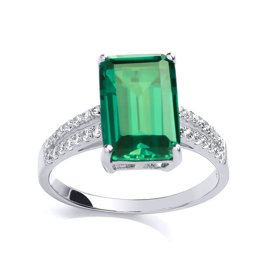 Silver Green Emerald CZ 4 Claw Solitaire Engagement Ring - GVR660EM