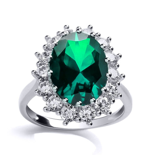 Silver Green Oval CZ Royal Princess Cluster Solitaire Ring - GVR668EM