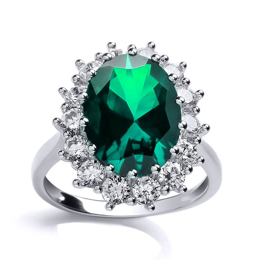 Silver Green Oval CZ Royal Princess Cluster Solitaire Ring - GVR668EM