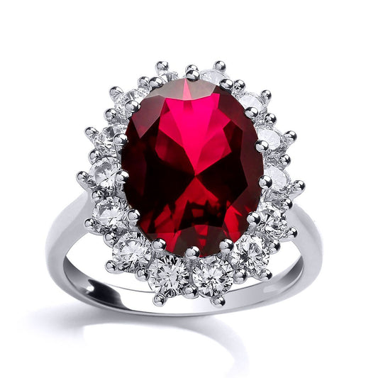 Silver Red Oval Created Ruby CZ Royal Princess Cluster Ring - GVR668RU