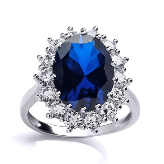 Silver Blue Oval CZ Royal Princess Cluster Solitaire Ring - GVR668SAP