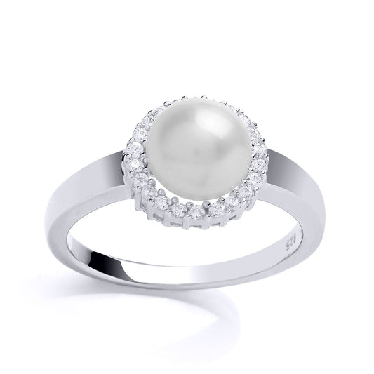 Silver CZ Pearl Halo Solitaire Ring 9mm - GVR683