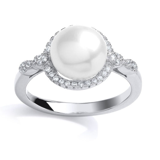 Silver CZ Pearl Halo Full Moon Dress Ring 10mm - GVR695
