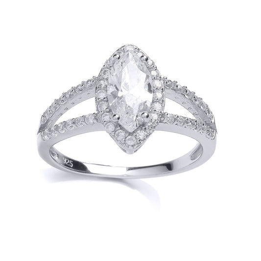 Silver CZ Split Shoulder Halo Solitaire Engagement Ring - GVR714