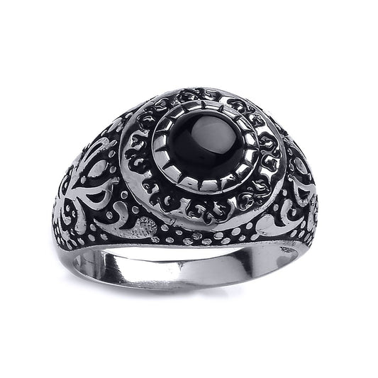 Mens Silver Black Onyx Carved Cabochon Signet Ring - GVR747
