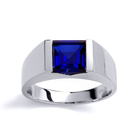 Mens Silver Blue Square CZ Bar Set Square Solitaire Signet Ring - GVR751