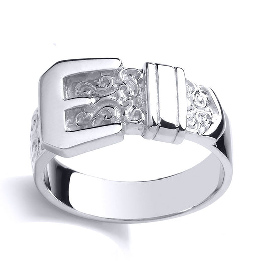 Mens Silver Carved Scroll Belt Buckle Signet Ring - GVR772