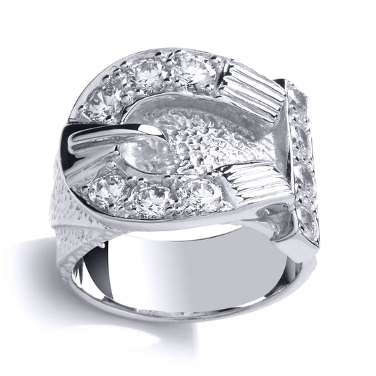 Mens Silver CZ Hammered Belt Buckle Signet Ring - GVR773
