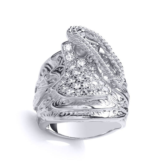 Mens Silver CZ Carved Horse Saddle Signet Ring - GVR780