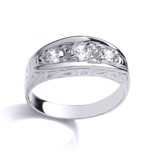 Mens Silver CZ Carved Gypsy Trilogy Signet Ring - GVR781